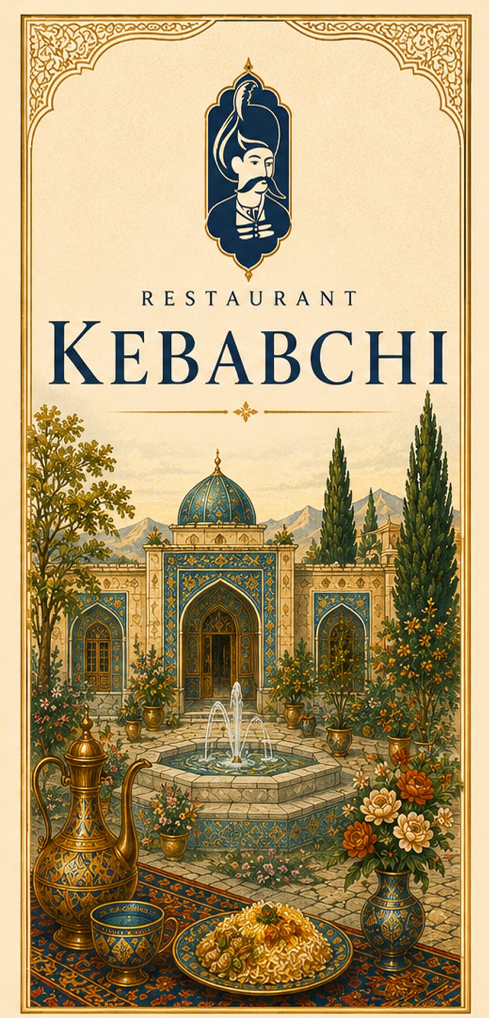 Kebabchi menu cover art: a Persian courtyard with a tiled dome, fountain and golden ewer